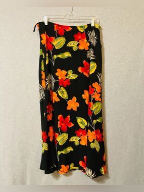 Amanda Smith Tropical Floral Hibiscus Maxi Skirt - Black Orange Red - Size L